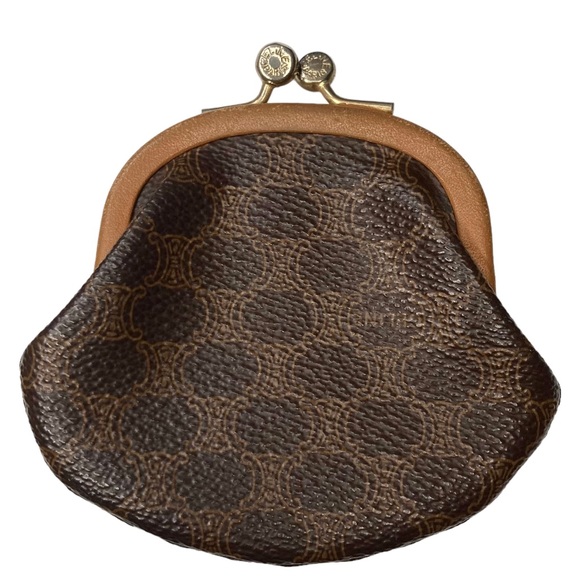 RARE Authentic Vintage CELINE Macadam Chocolate Brown & Tan Kisslock Coin Purse - Picture 1 of 10